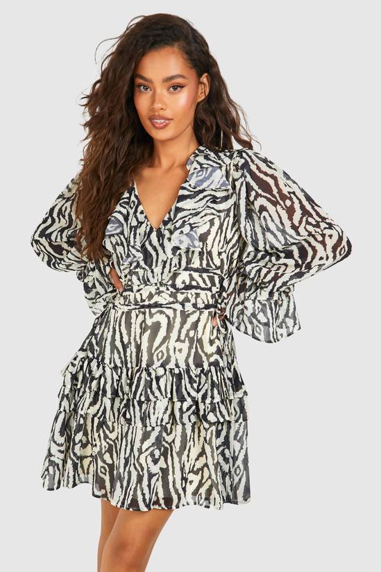 Animal Print Chiffon Ruffle Smock Dress
