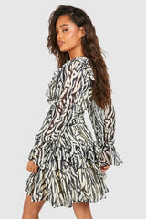 Animal Print Chiffon Ruffle Smock Dress