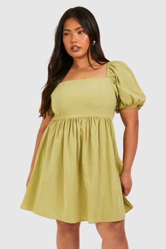 Plus Linen Look Puff Sleeve Mini Smock Dress