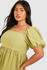 Plus Linen Look Puff Sleeve Mini Smock Dress