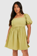 Plus Linen Look Puff Sleeve Mini Smock Dress