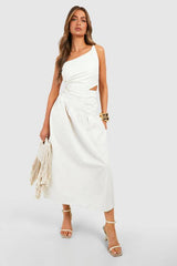 Linen Look Cut Out Asymmetric Midaxi Dress