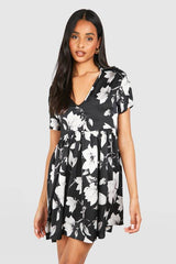 Tall Satin Floral V Neck Smock Dress