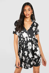 Tall Satin Floral V Neck Smock Dress