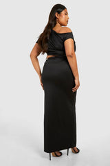 Plus Ruched Drape Shoulder Crop Top And Maxi Skirt