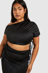 Plus Ruched Drape Shoulder Crop Top And Maxi Skirt