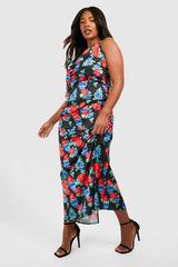 Plus Floral Printed Satin Maxi Dress
