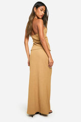 Textured Crinkle Halter & Flared Hem Maxi Skirt
