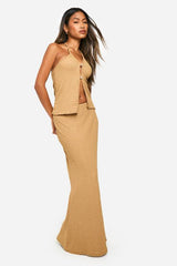 Textured Crinkle Halter & Flared Hem Maxi Skirt