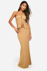 Textured Crinkle Halter & Flared Hem Maxi Skirt