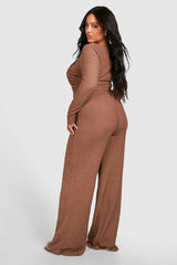 Plus Textured Wrap Detail Long Sleeve Jumpsuit