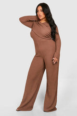 Plus Textured Wrap Detail Long Sleeve Jumpsuit