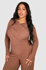 Plus Textured Wrap Detail Long Sleeve Jumpsuit
