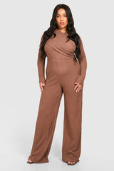 Plus Textured Wrap Detail Long Sleeve Jumpsuit