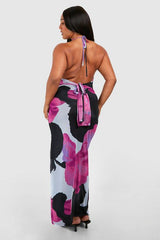 Plus Halterneck Low Back Printed Maxi Dress