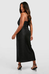 Plus Wave Plisse Cowl Neck Maxi Dress
