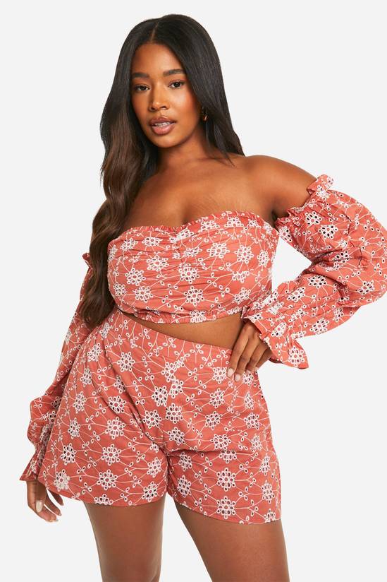 Plus Broderie Cold Shoulder Crop Top
