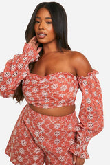 Plus Broderie Cold Shoulder Crop Top