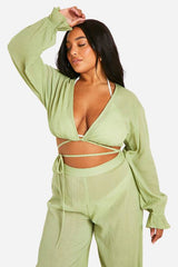 Plus Tie Front Top And Trouser Beach Coord