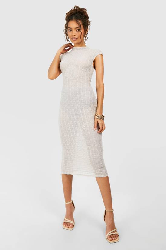 Funnel Neck Textured Cap Sleeve Midaxi Dress
