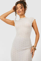 Funnel Neck Textured Cap Sleeve Midaxi Dress