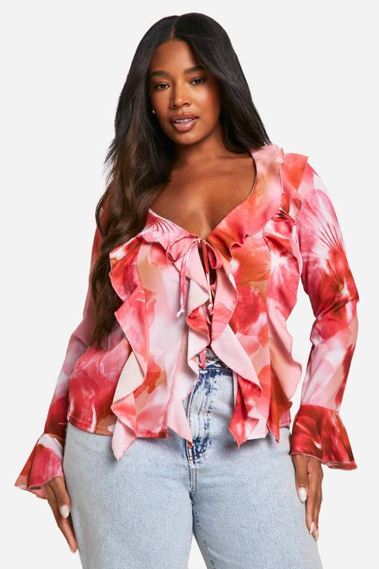 Plus Floral Ruffle Front Blouse