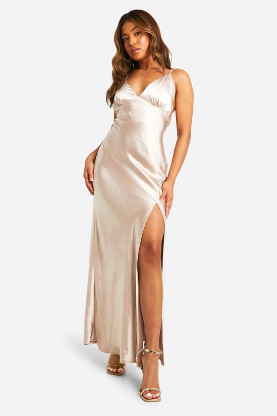 Petite Bridesmaid Satin Strappy Maxi Dress