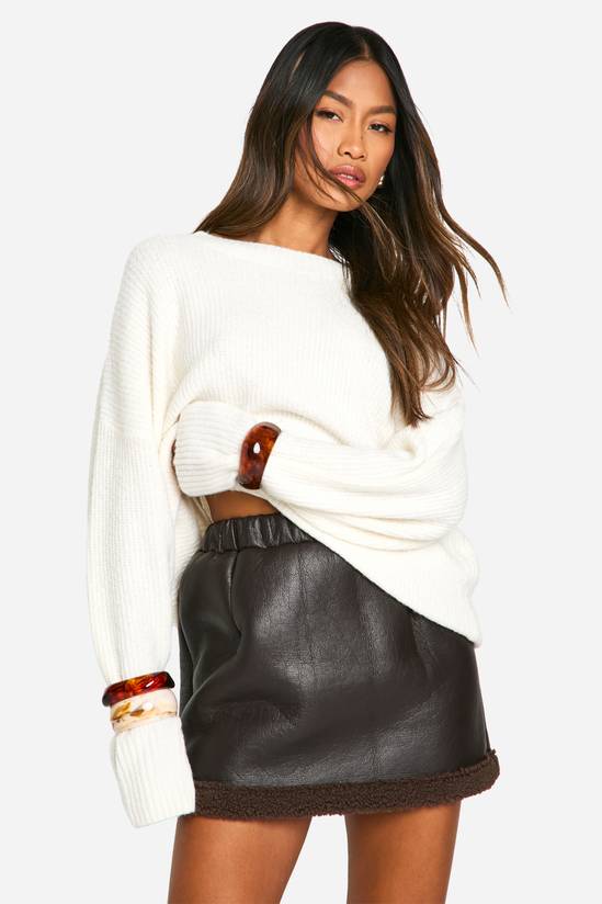 Teddy Trim Faux Leather Skirt