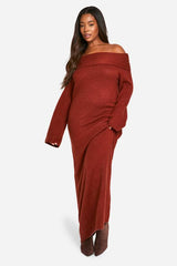 Plus Premium Oversized Rib Bardot Neckline Soft Knit Jumper Dress