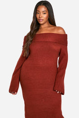 Plus Premium Oversized Rib Bardot Neckline Soft Knit Jumper Dress
