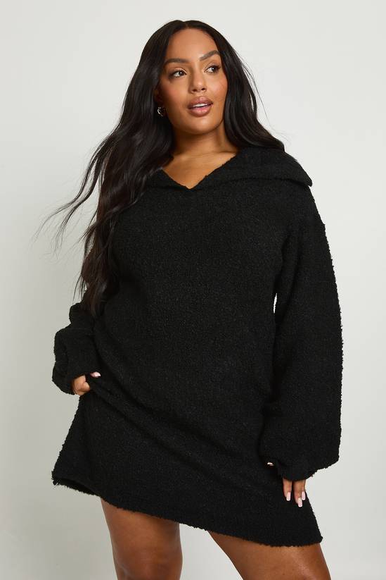 Plus Borg Oversized Collar Detail Mini Dress