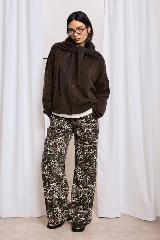 Leopard Print Elasticated Waist Wide Leg Jeans
