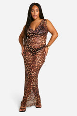 Plus Leopard Mesh Cowl Neck Maxi Dress