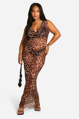 Plus Leopard Mesh Cowl Neck Maxi Dress