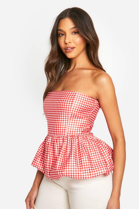 Woven Puff Ball Gingham Peplum Top