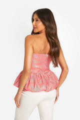 Woven Puff Ball Gingham Peplum Top