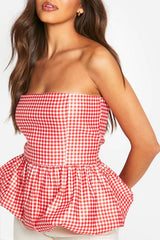 Woven Puff Ball Gingham Peplum Top