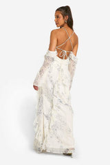 Printed Chiffon Ruffle Bardot Maxi Dress