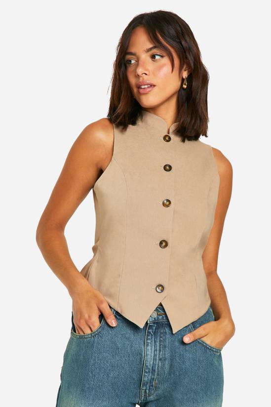Super Stretch Mock Horn Button Fitted High Neck Waistcoat