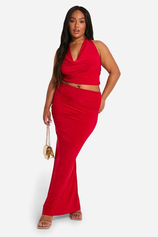Plus Double Slinky Halterneck Cowl Neck Top & Maxi Skirt Co Ord