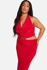 Plus Double Slinky Halterneck Cowl Neck Top & Maxi Skirt Co Ord