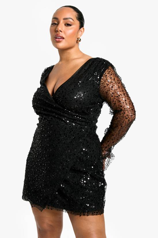 Plus Beaded Sequin Wrap Dress