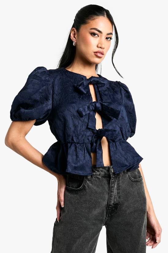 Textured Jacquard Tie Front Puff Sleeve Smock Top