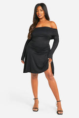 Plus Off Shoulder Long Sleeve Skater Dress
