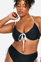 Plus Contrast Tie Front Bikini Top