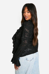 Plus Burnout Double Ruffle Tie Front Blouse