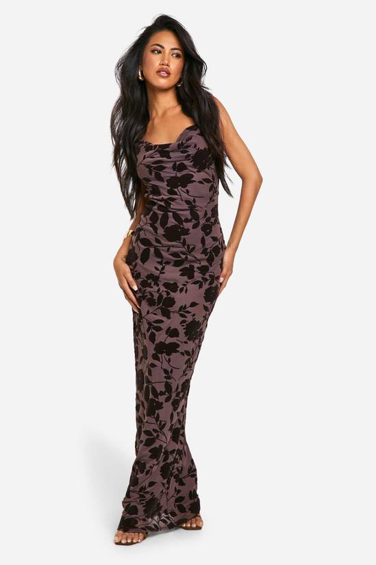 Devore Floral Cowl Neck Maxi Dress