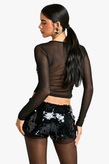Sequin Bust Long Sleeve Mesh Top