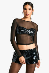 Sequin Bust Long Sleeve Mesh Top