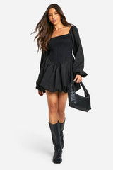 Shirred Long Sleeve Smock Dress